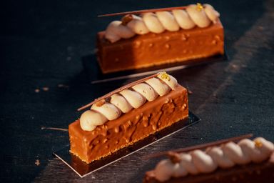 Tangerine-Cardamom Chocolate Layer Cake with pain de gênes and Callebaut chocolate dip